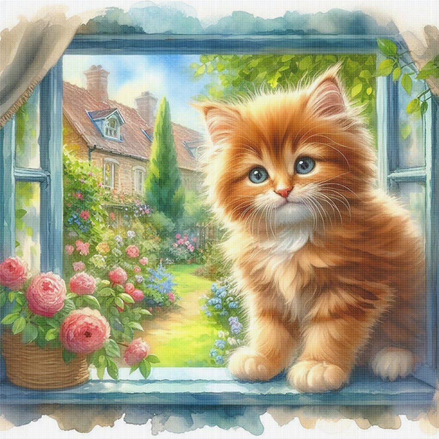 Cat By Window - Full 11CT Stamped Cross Stitch 40x40CM - Huacan