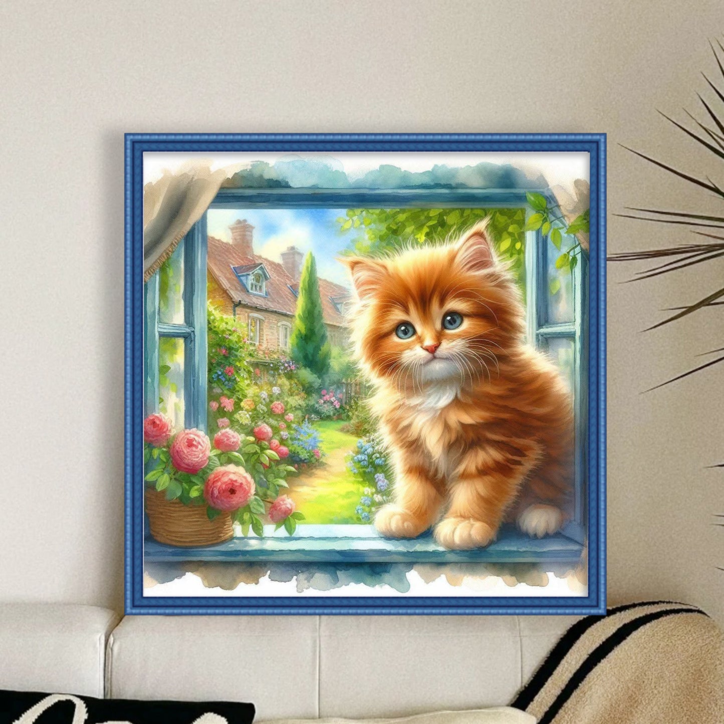Cat By Window - Full 11CT Stamped Cross Stitch 40x40CM - Huacan