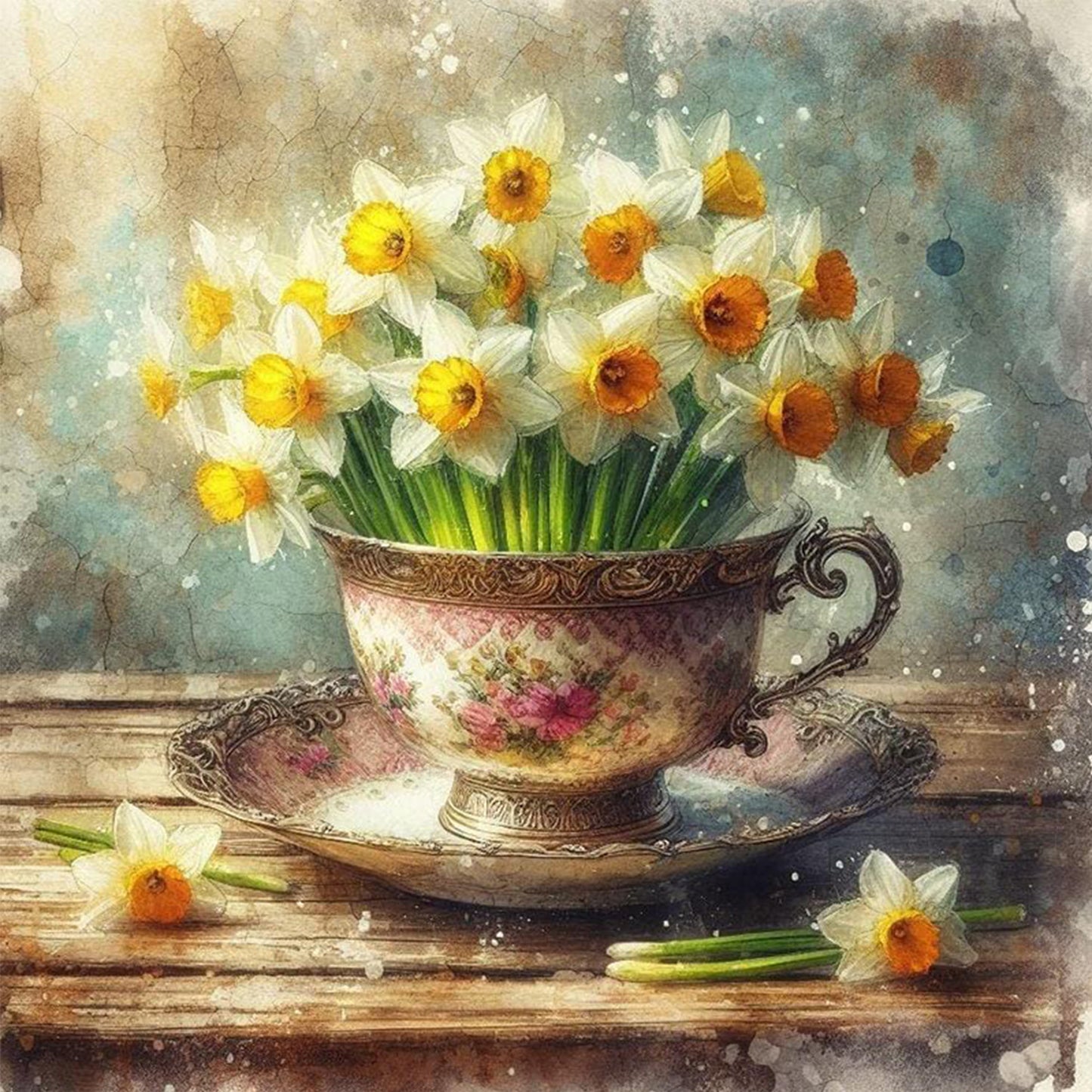 Flower Teacup - Full 11CT Stamped Cross Stitch 40x40CM - Huacan