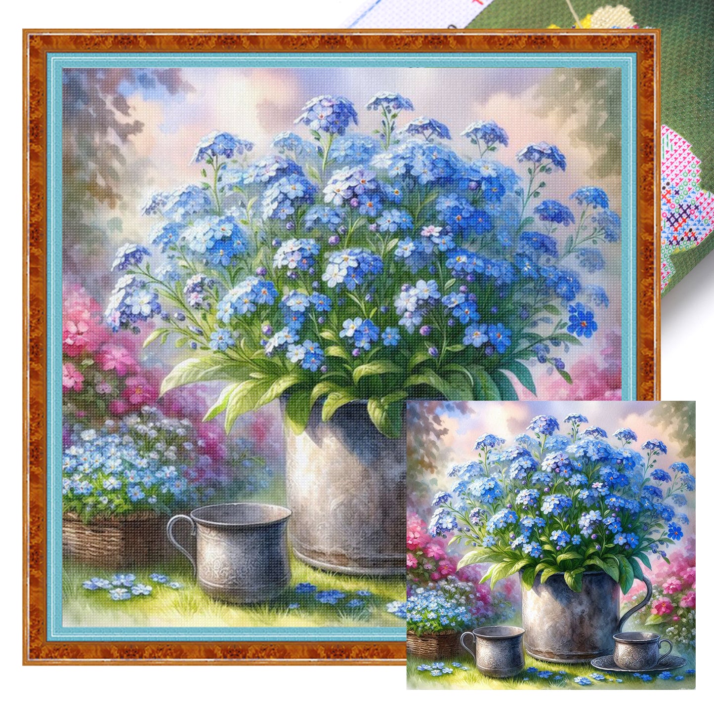 Flowers In Iron Bucket - Full 11CT Stamped Cross Stitch 40x40CM - Huacan