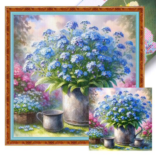 Flowers In Iron Bucket - Full 11CT Stamped Cross Stitch 40x40CM - Huacan