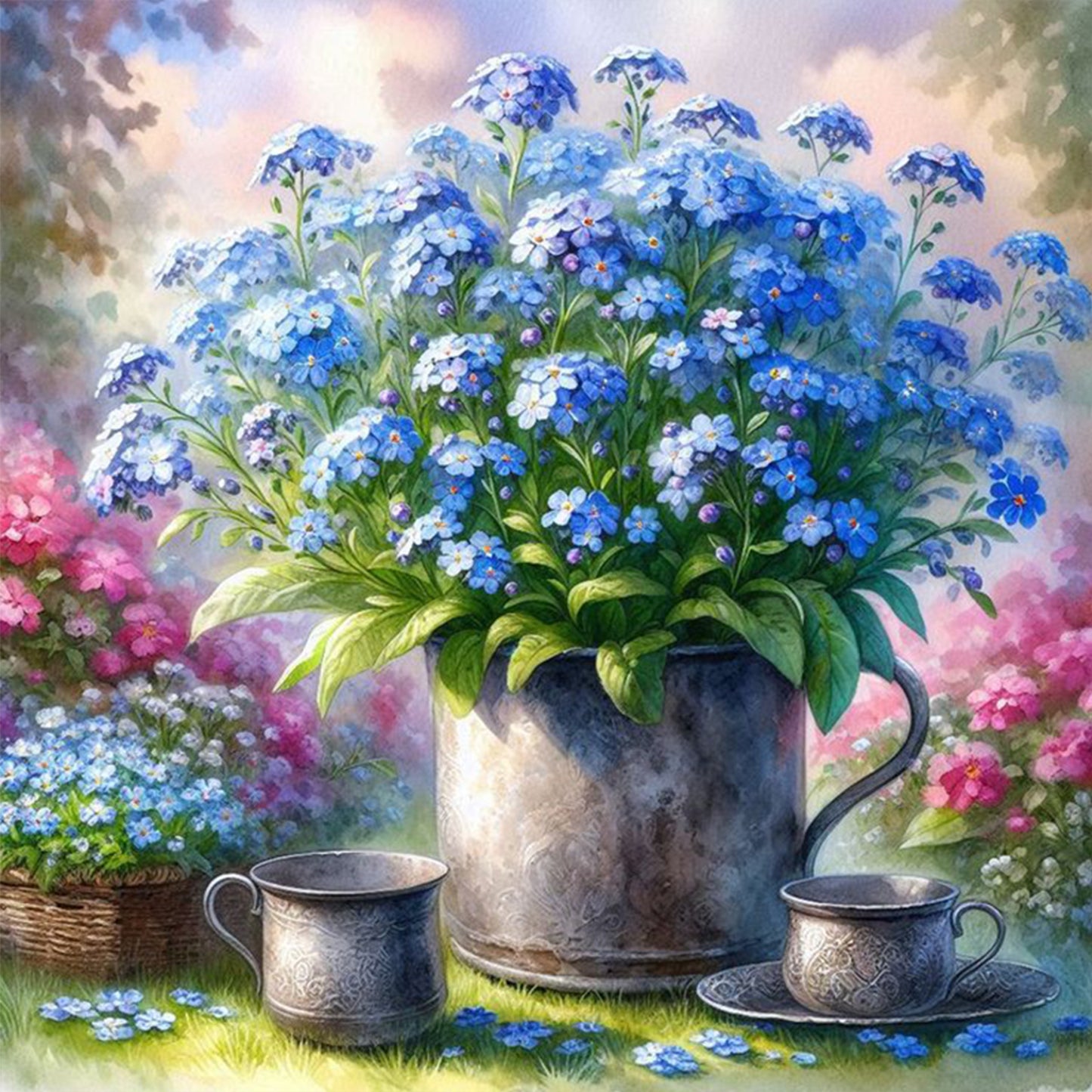 Flowers In Iron Bucket - Full 11CT Stamped Cross Stitch 40x40CM - Huacan