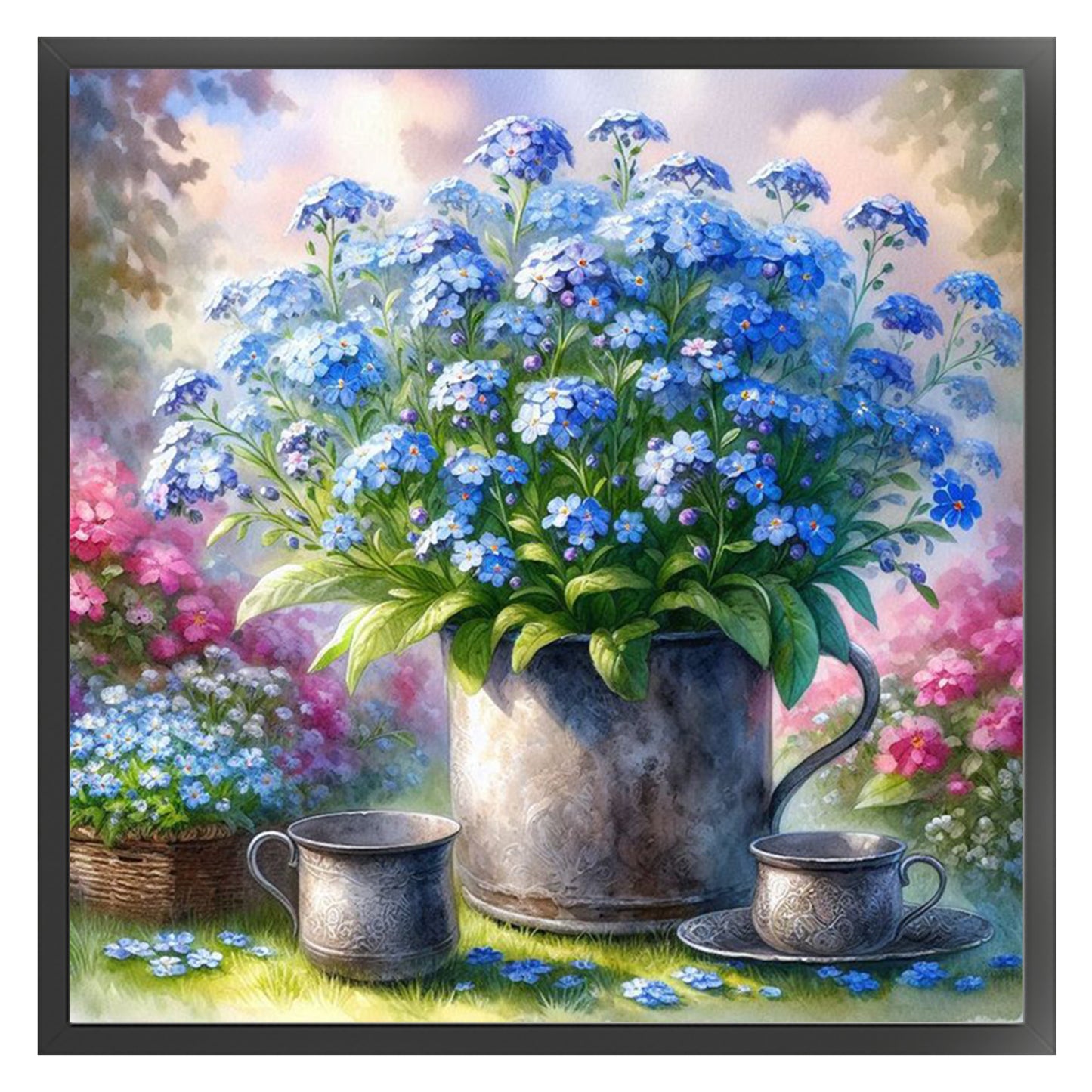 Flowers In Iron Bucket - Full 11CT Stamped Cross Stitch 40x40CM - Huacan