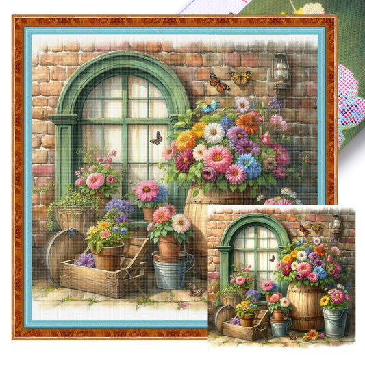 Flowers By Window - Full 11CT Stamped Cross Stitch 40x40CM - Huacan