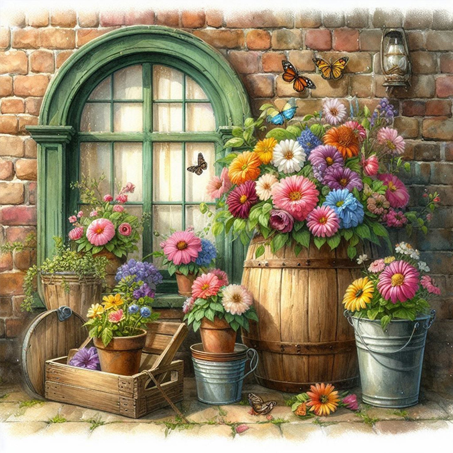 Flowers By Window - Full 11CT Stamped Cross Stitch 40x40CM - Huacan