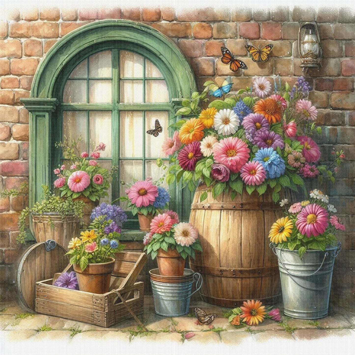 Flowers By Window - Full 11CT Stamped Cross Stitch 40x40CM - Huacan