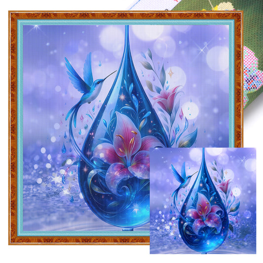 Water Drop Flower And Hummingbird - Full 11CT Stamped Cross Stitch 45x45CM - Huacan