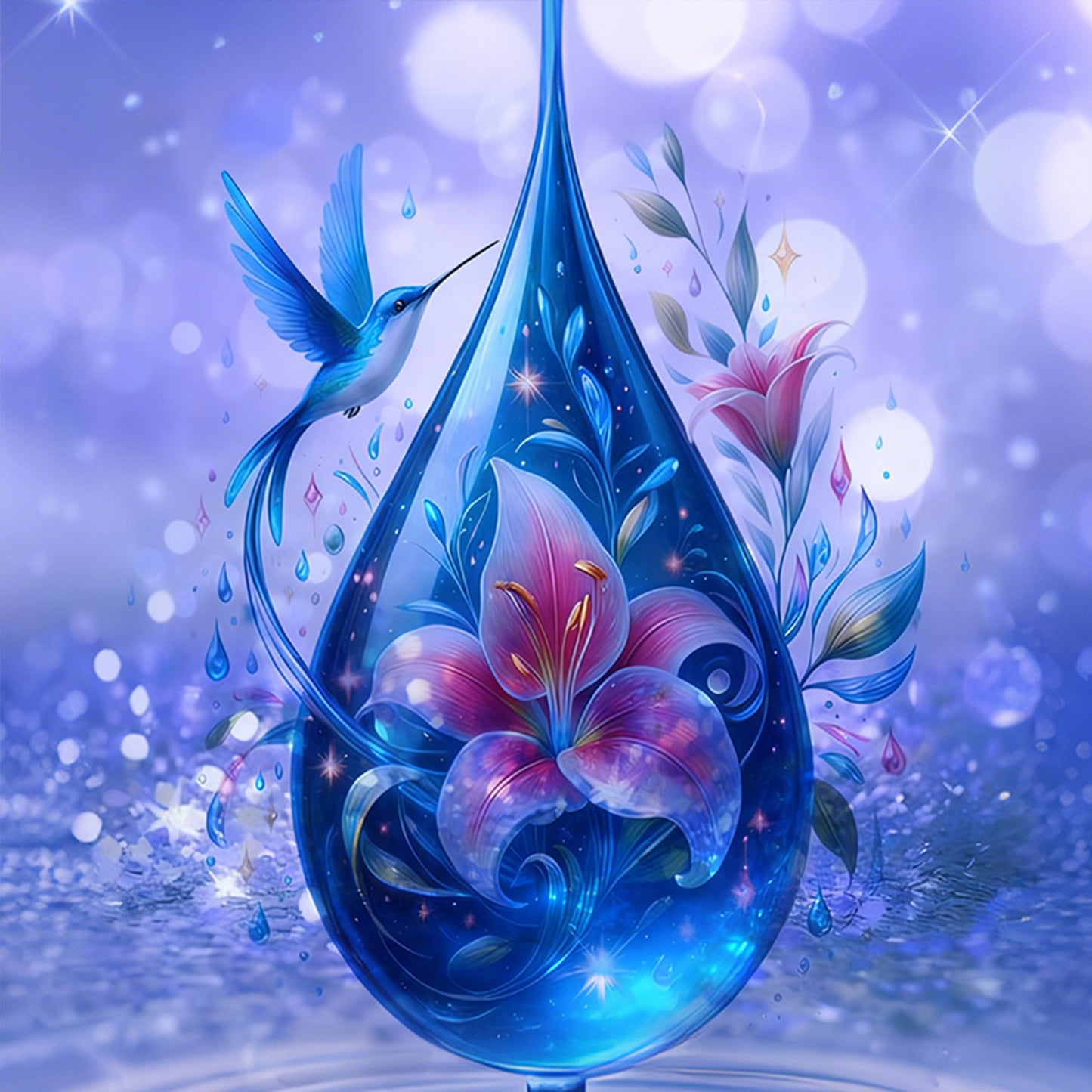 Water Drop Flower And Hummingbird - Full 11CT Stamped Cross Stitch 45x45CM - Huacan