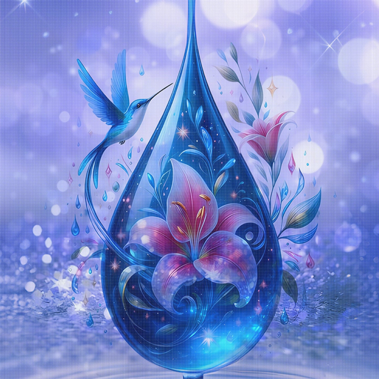 Water Drop Flower And Hummingbird - Full 11CT Stamped Cross Stitch 45x45CM - Huacan