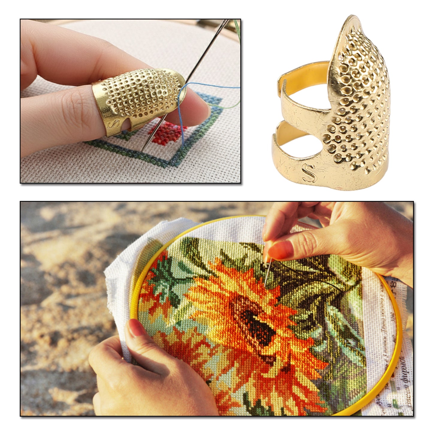 5PCS Cross-Stitch Tools Retro Adjustable Thimble Hand Sewing Thimble (Gold S)