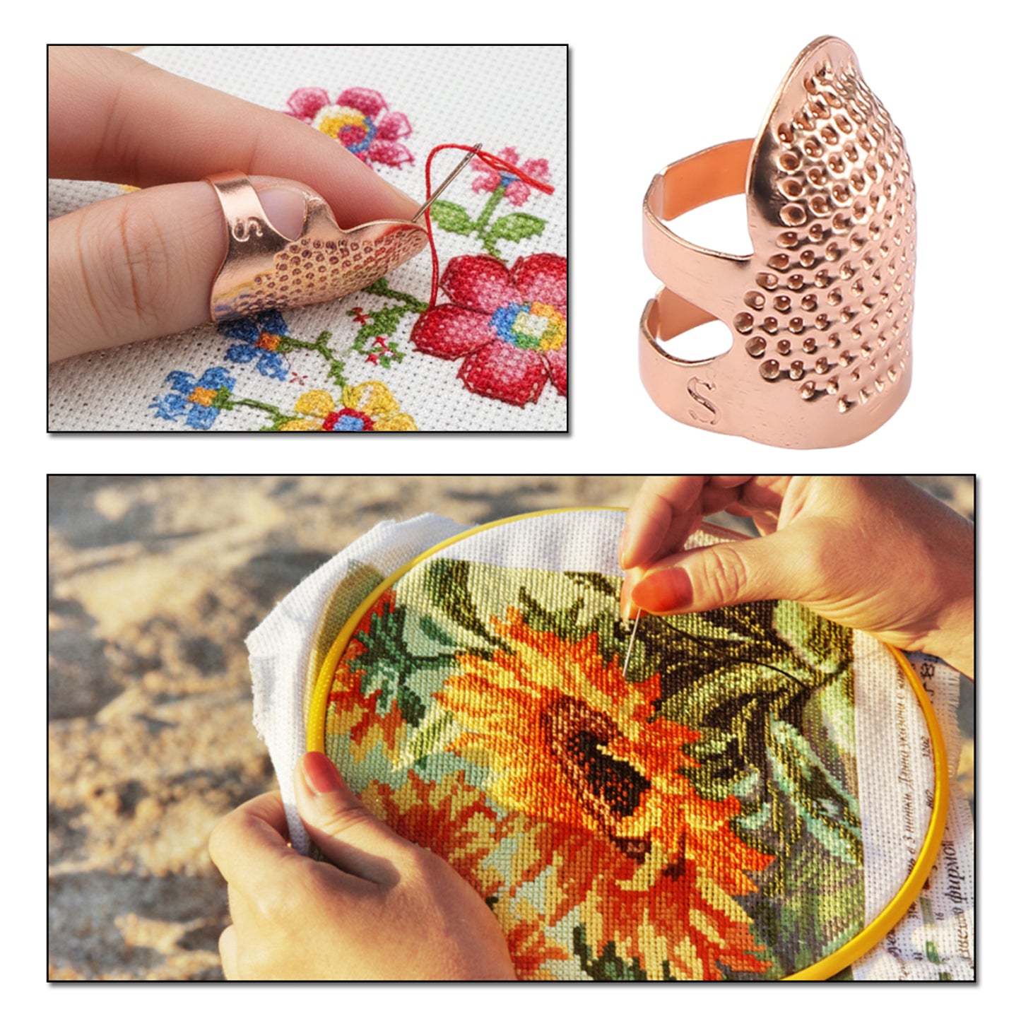 5PCS Cross-Stitch Tools Retro Adjustable Thimble Hand Sewing Ring (Rose Gold S)