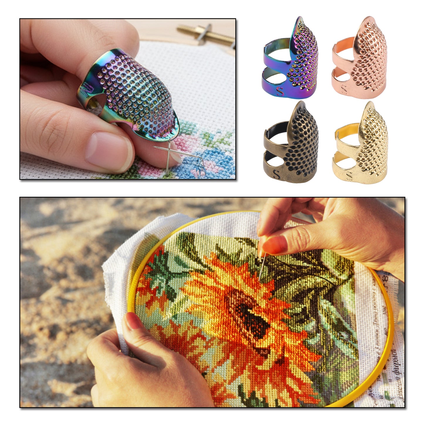 4PCS Cross-Stitch Tools Retro Adjustable Thimble Hand Sewing Ring (Colored S)