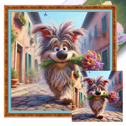 The Little Dog Carrying A Flower - Full 11CT Stamped Cross Stitch 40x40CM - Yishu