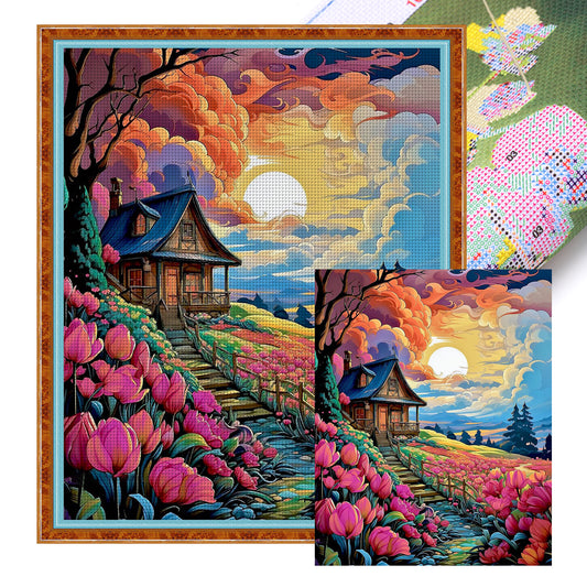Flower Hut - Full 11CT Stamped Cross Stitch 50x60CM - Huacan