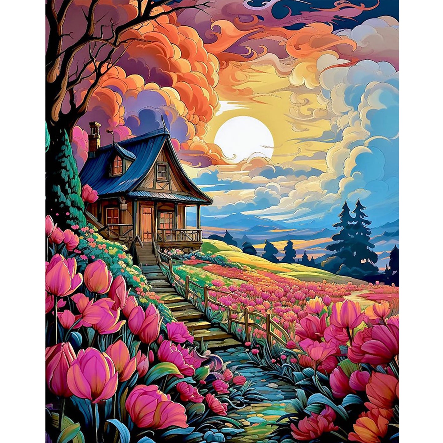 Flower Hut - Full 11CT Stamped Cross Stitch 50x60CM - Huacan