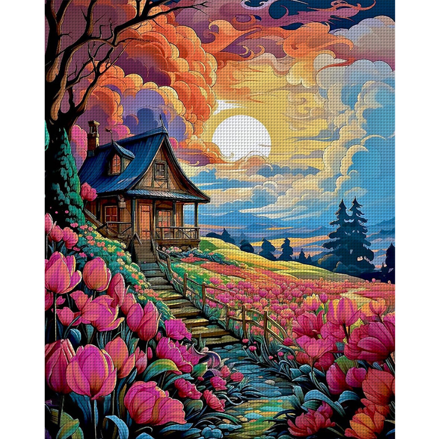 Flower Hut - Full 11CT Stamped Cross Stitch 50x60CM - Huacan