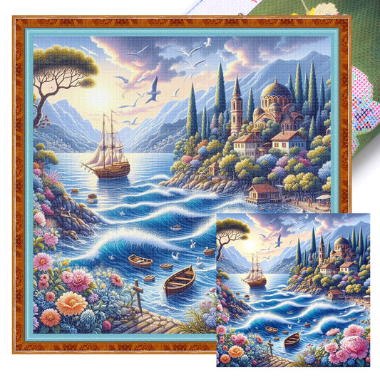 Wave And Flower - Full 11CT Stamped Cross Stitch 50x50CM - Huacan