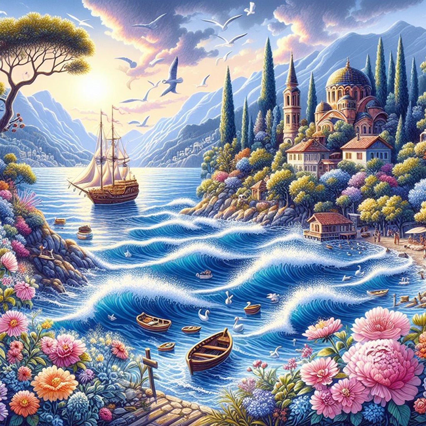 Wave And Flower - Full 11CT Stamped Cross Stitch 50x50CM - Huacan