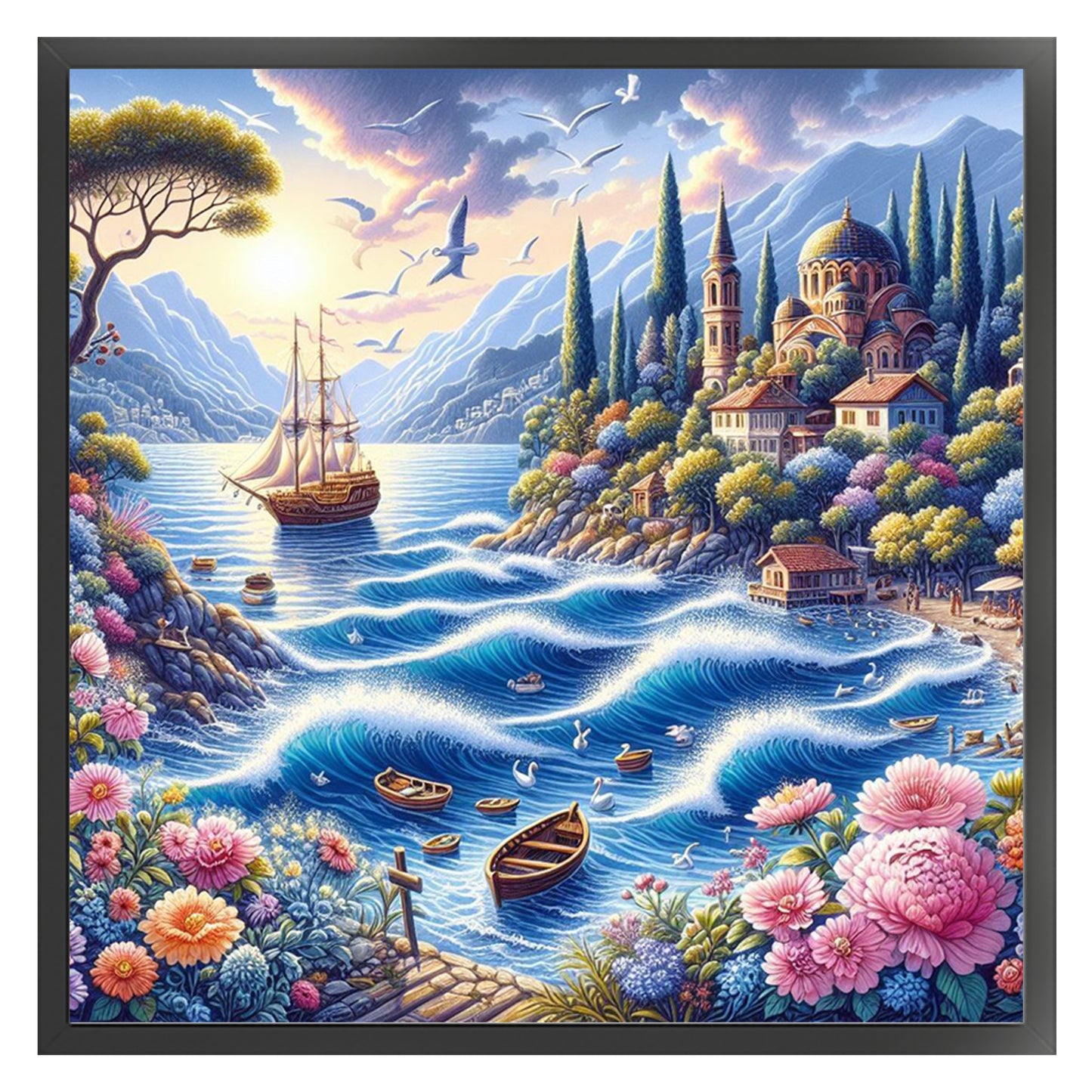 Wave And Flower - Full 11CT Stamped Cross Stitch 50x50CM - Huacan