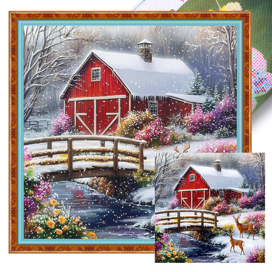 Winter Red House - Full 11CT Stamped Cross Stitch 50x50CM - Huacan