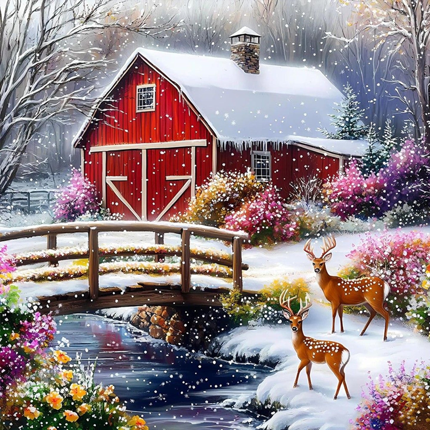 Winter Red House - Full 11CT Stamped Cross Stitch 50x50CM - Huacan