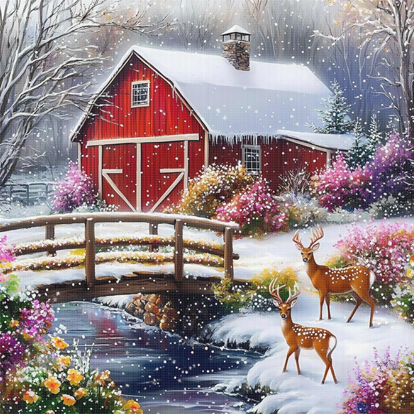 Winter Red House - Full 11CT Stamped Cross Stitch 50x50CM - Huacan