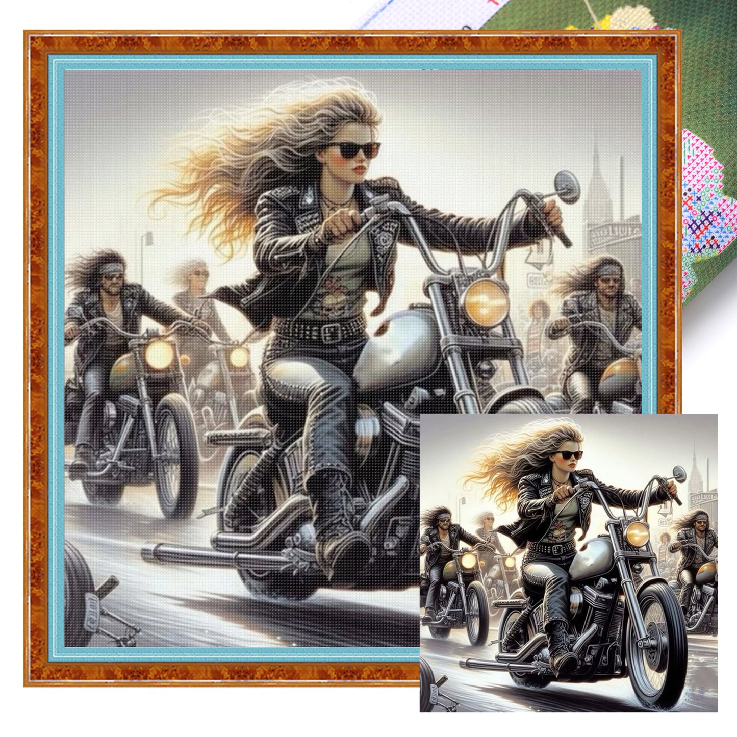 Girl Riding Motorcycle - Full 11CT Stamped Cross Stitch 45x45CM - Huacan