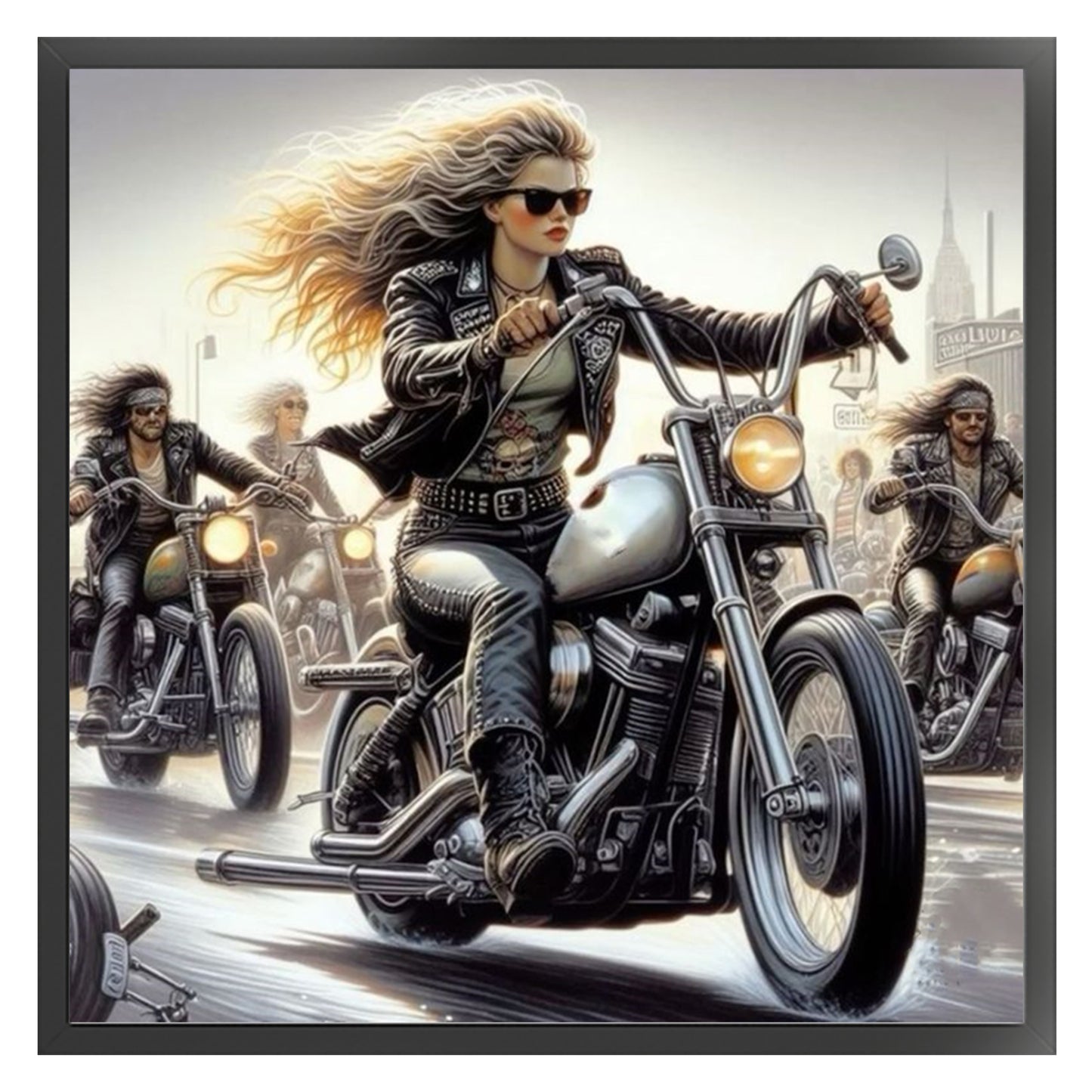 Girl Riding Motorcycle - Full 11CT Stamped Cross Stitch 45x45CM - Huacan