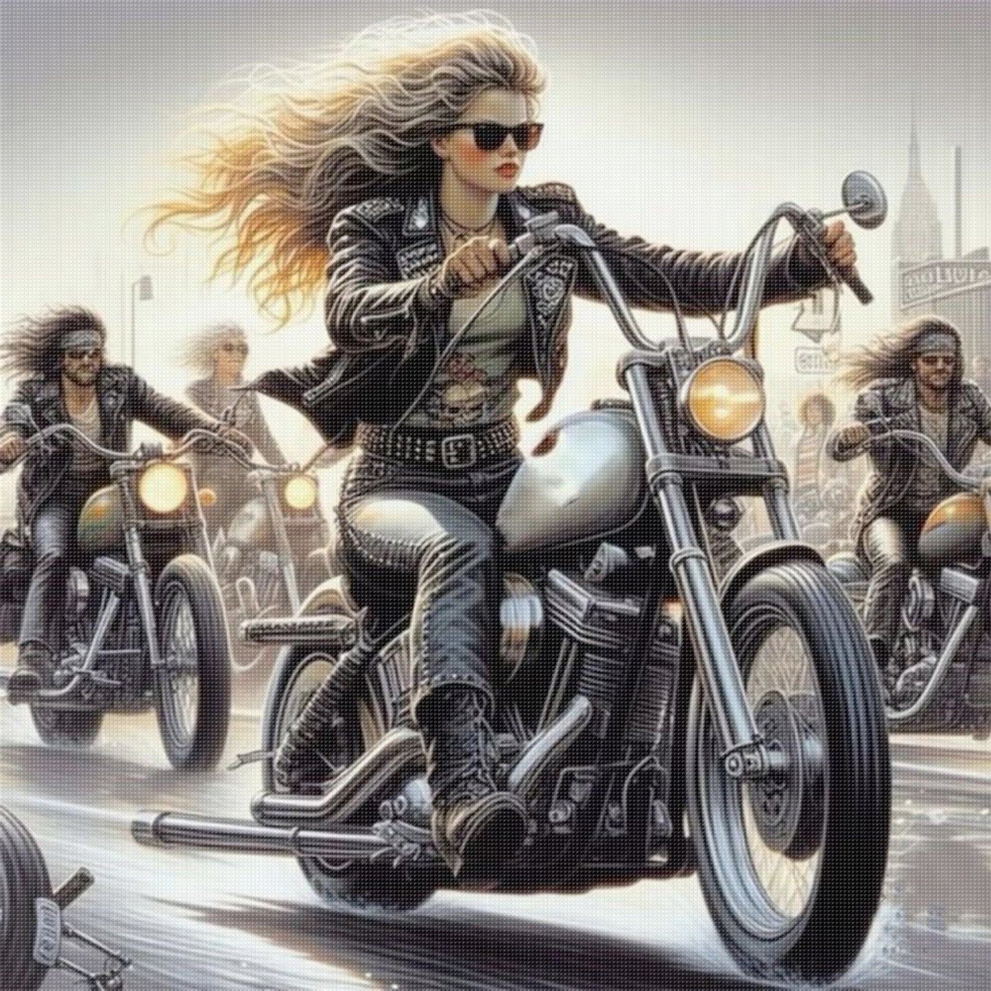 Girl Riding Motorcycle - Full 11CT Stamped Cross Stitch 45x45CM - Huacan
