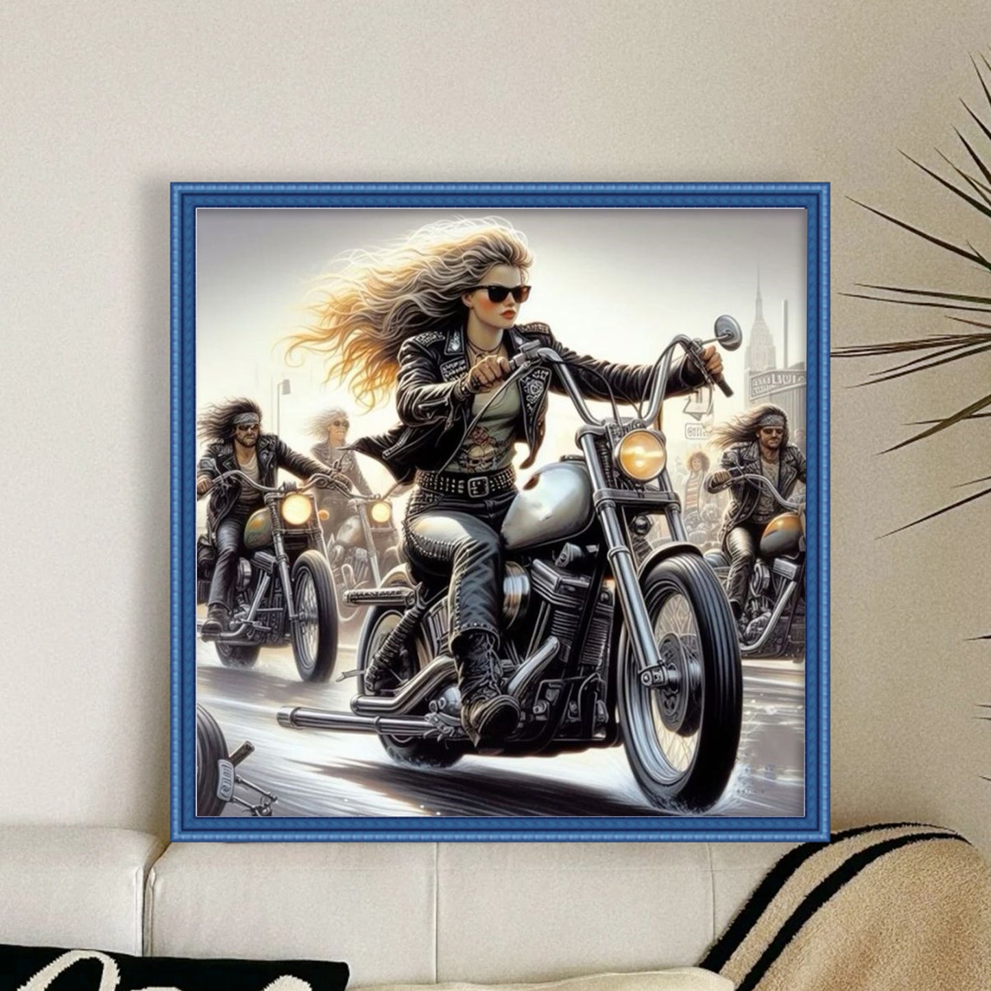 Girl Riding Motorcycle - Full 11CT Stamped Cross Stitch 45x45CM - Huacan