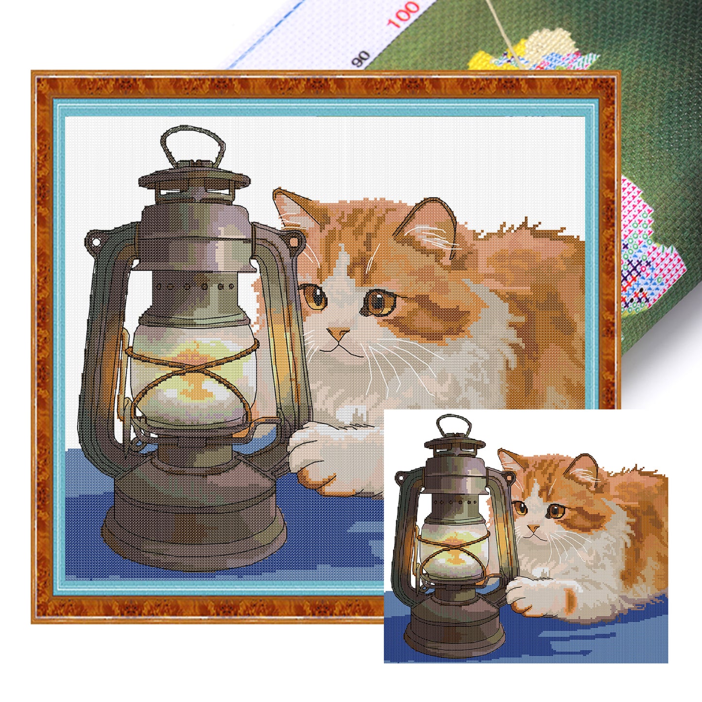Orange Cat And Kerosene Lamp - Partial 14CT Stamped Cross Stitch 42x38CM - Joy Sunday Backstitch