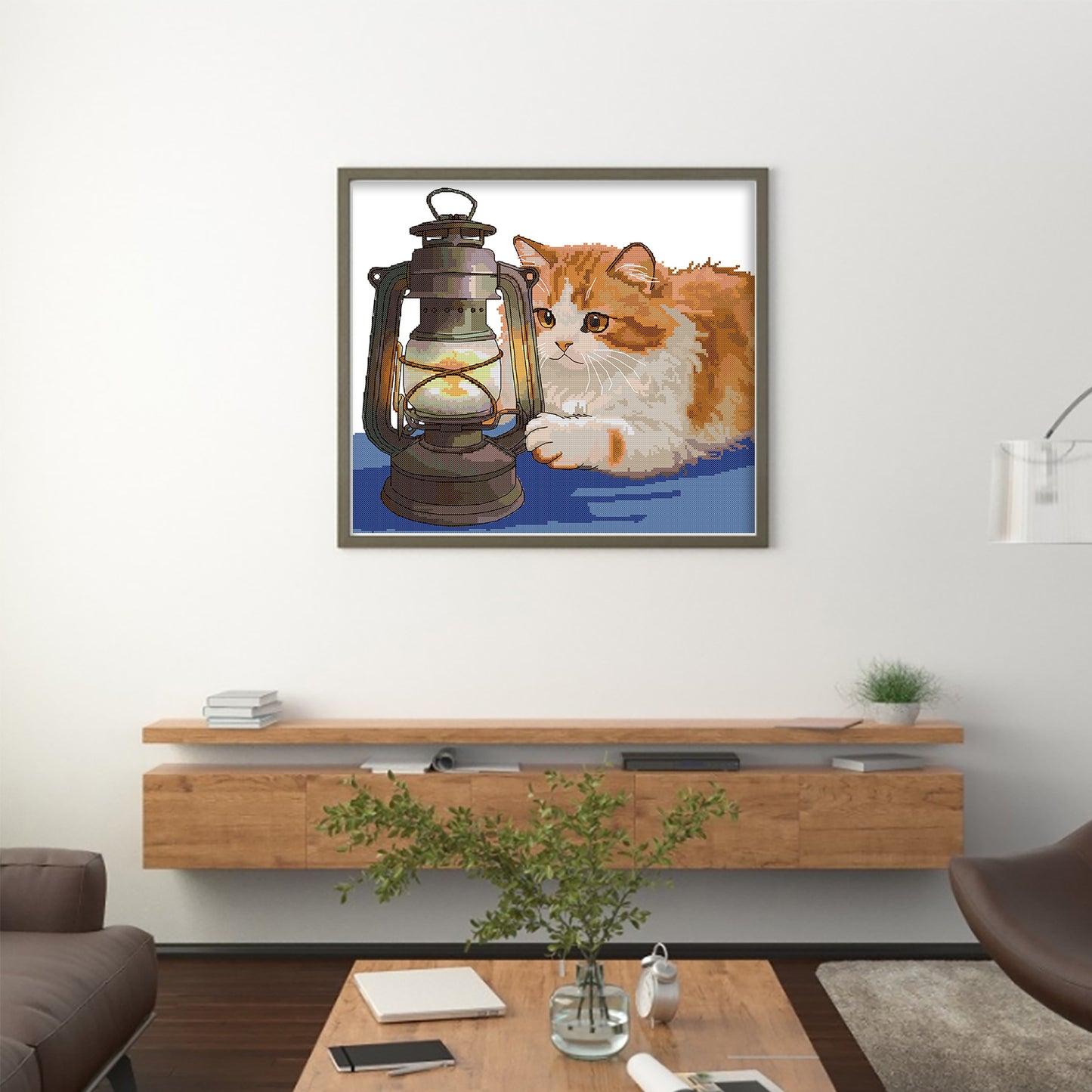 Orange Cat And Kerosene Lamp - Partial 14CT Stamped Cross Stitch 42x38CM - Joy Sunday Backstitch