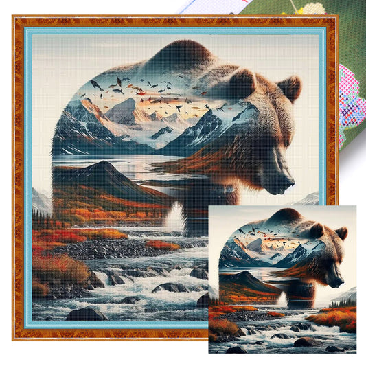 Silhouette Bear Scenery - Full 11CT Stamped Cross Stitch 45x45CM - Huacan