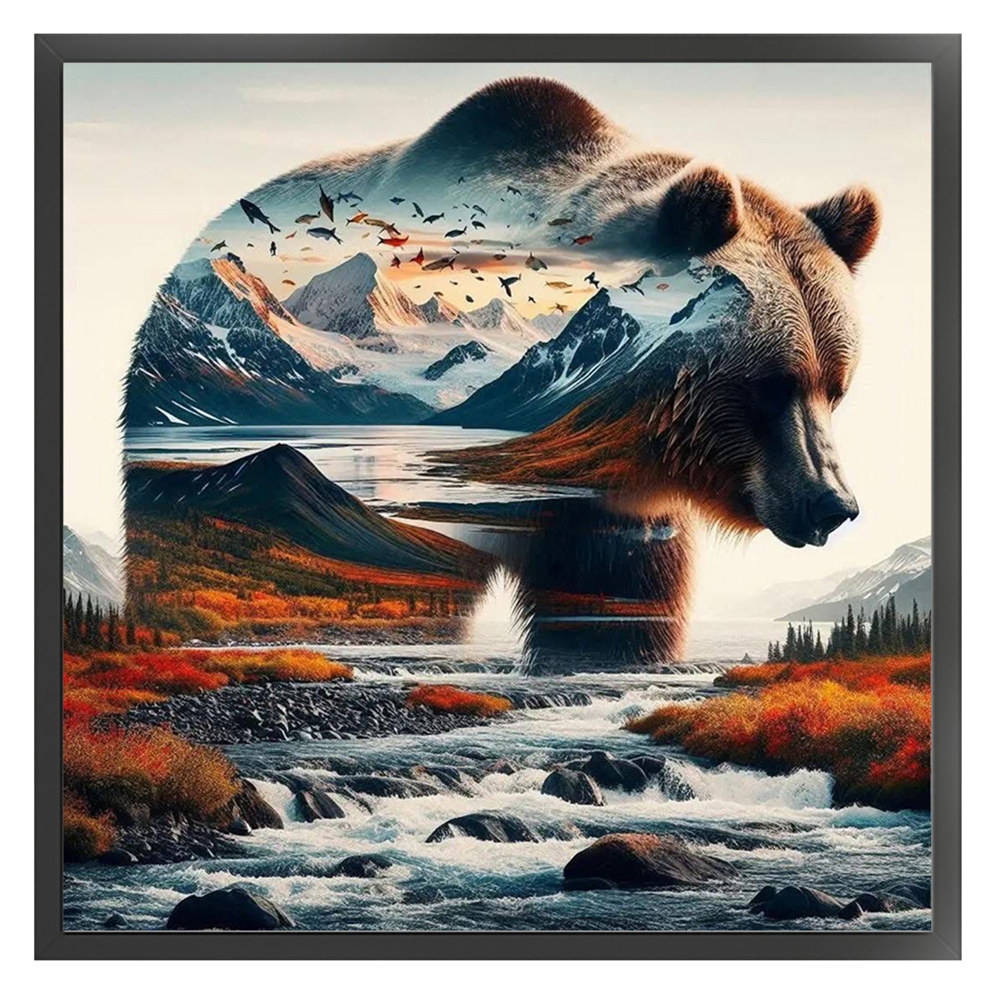 Silhouette Bear Scenery - Full 11CT Stamped Cross Stitch 45x45CM - Huacan