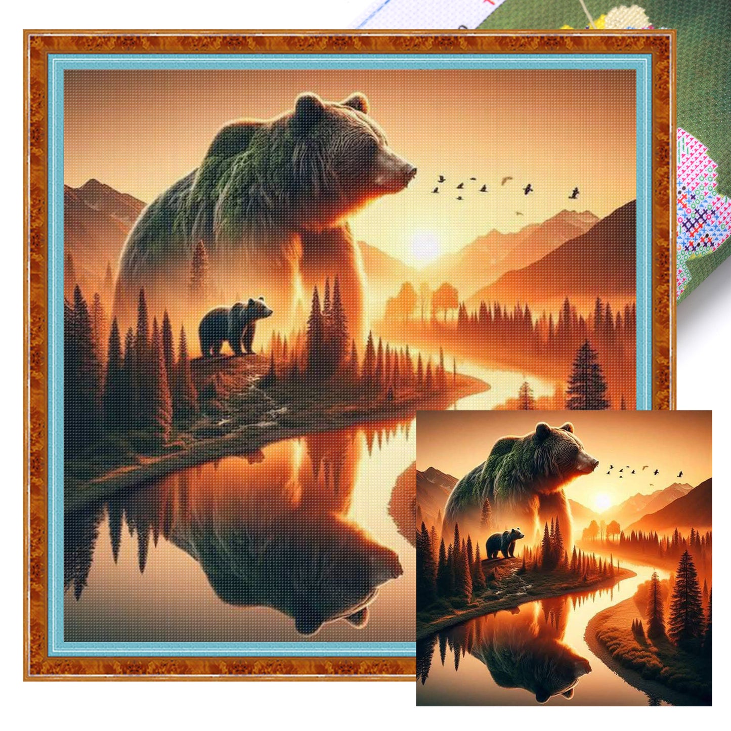 Silhouette Bear Mountains And Rivers - Full 11CT Stamped Cross Stitch 45x45CM - Huacan