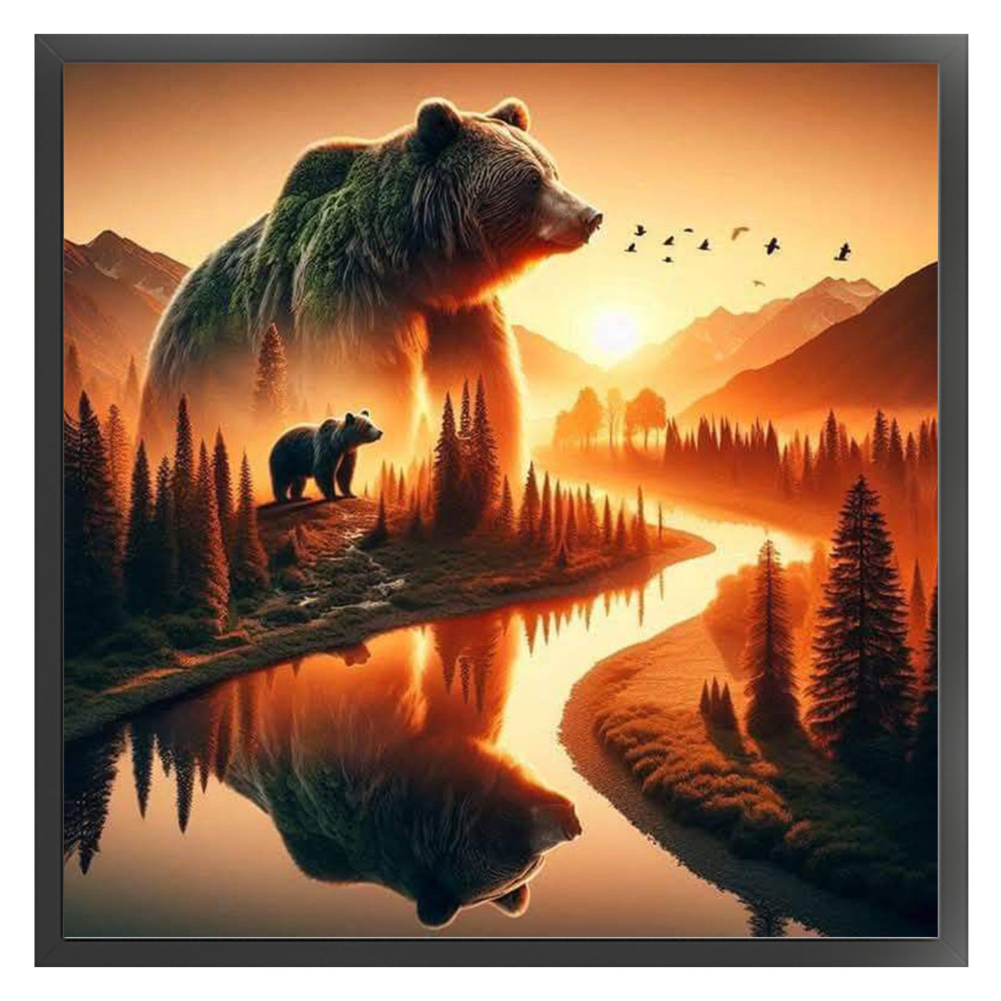 Silhouette Bear Mountains And Rivers - Full 11CT Stamped Cross Stitch 45x45CM - Huacan