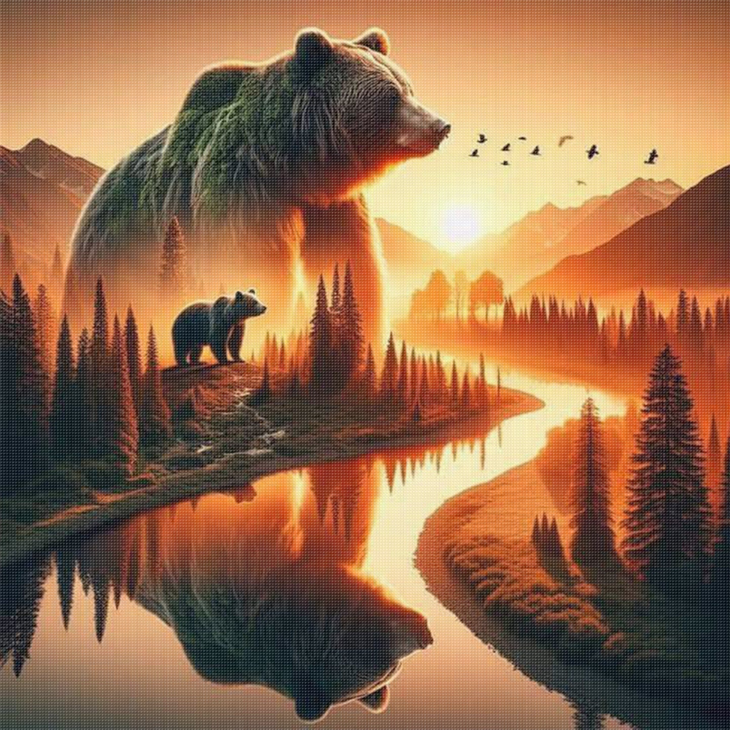 Silhouette Bear Mountains And Rivers - Full 11CT Stamped Cross Stitch 45x45CM - Huacan
