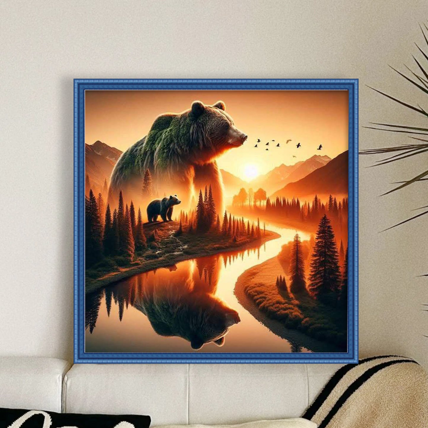 Silhouette Bear Mountains And Rivers - Full 11CT Stamped Cross Stitch 45x45CM - Huacan