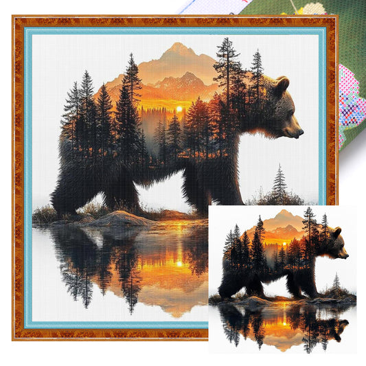 Silhouette Bear Forest - Full 11CT Stamped Cross Stitch 45x45CM - Huacan