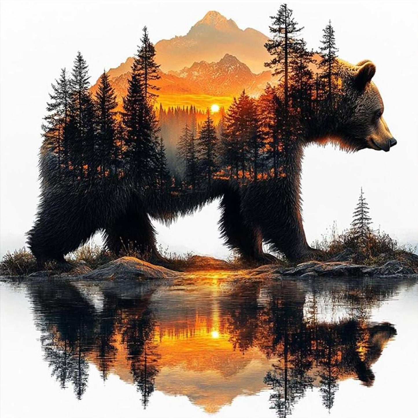 Silhouette Bear Forest - Full 11CT Stamped Cross Stitch 45x45CM - Huacan