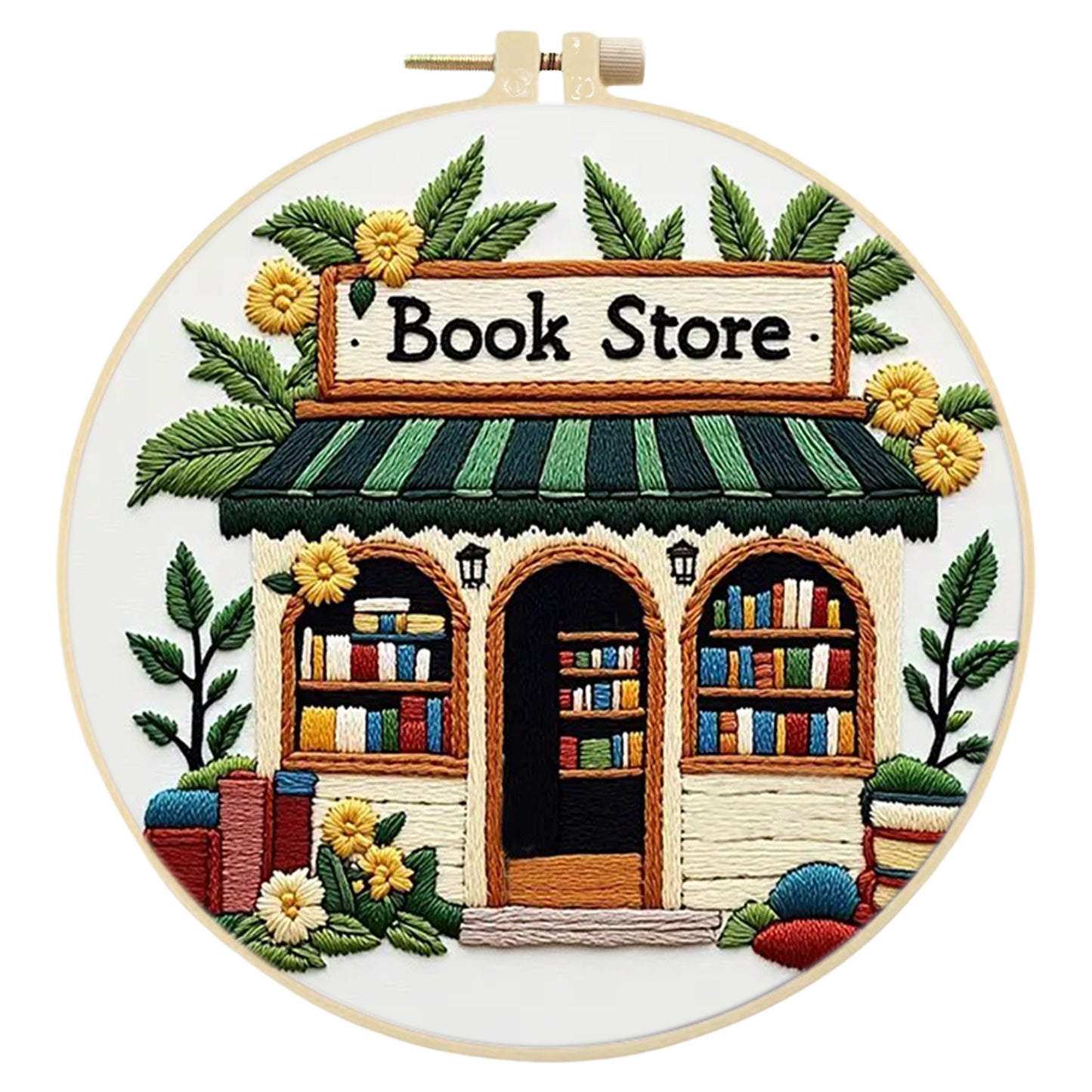 Bookstore - DIY Embroidery Cross Stitch Kit with Pattern Cotton Threads Needles Hoop 30x30CM/11.81x11.81in