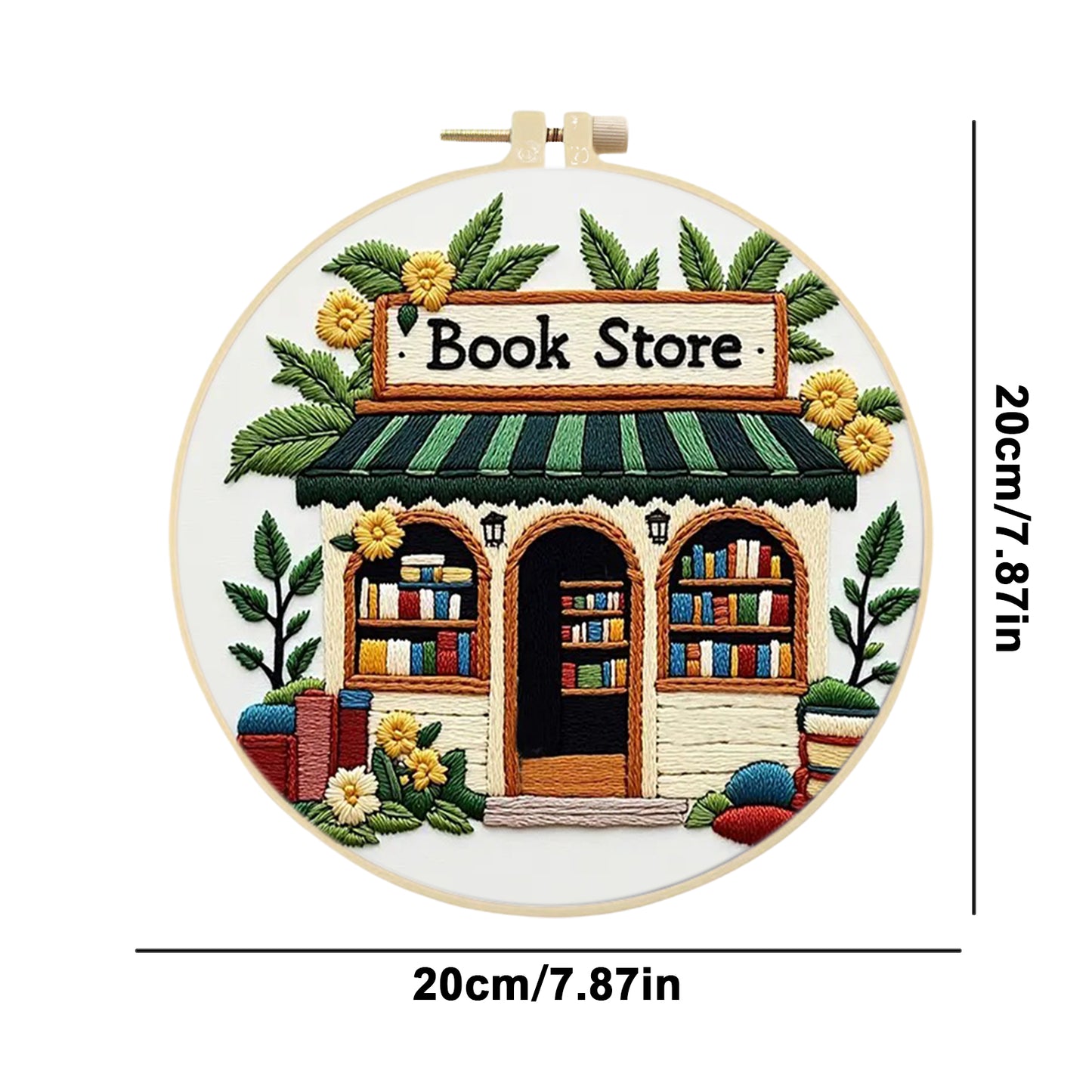 Bookstore - DIY Embroidery Cross Stitch Kit with Pattern Cotton Threads Needles Hoop 30x30CM/11.81x11.81in