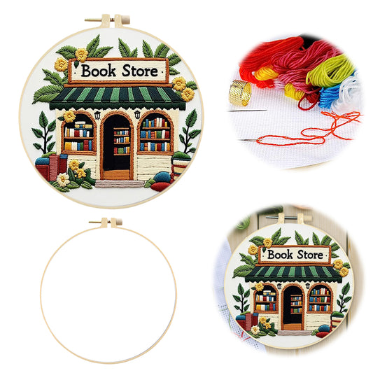Bookstore - DIY Embroidery Cross Stitch Kit with Pattern Cotton Threads Needles Hoop 30x30CM/11.81x11.81in