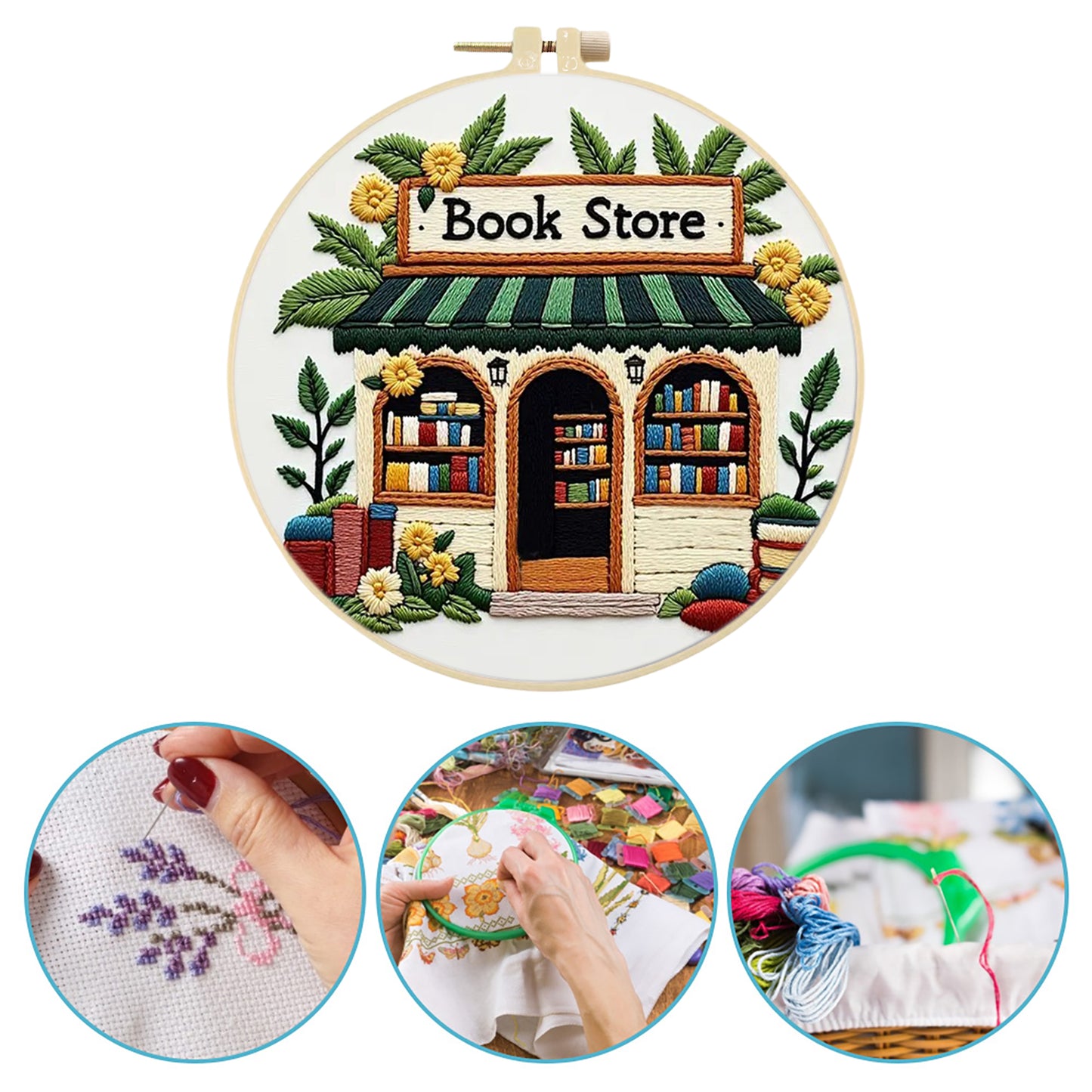 Bookstore - DIY Embroidery Cross Stitch Kit with Pattern Cotton Threads Needles Hoop 30x30CM/11.81x11.81in