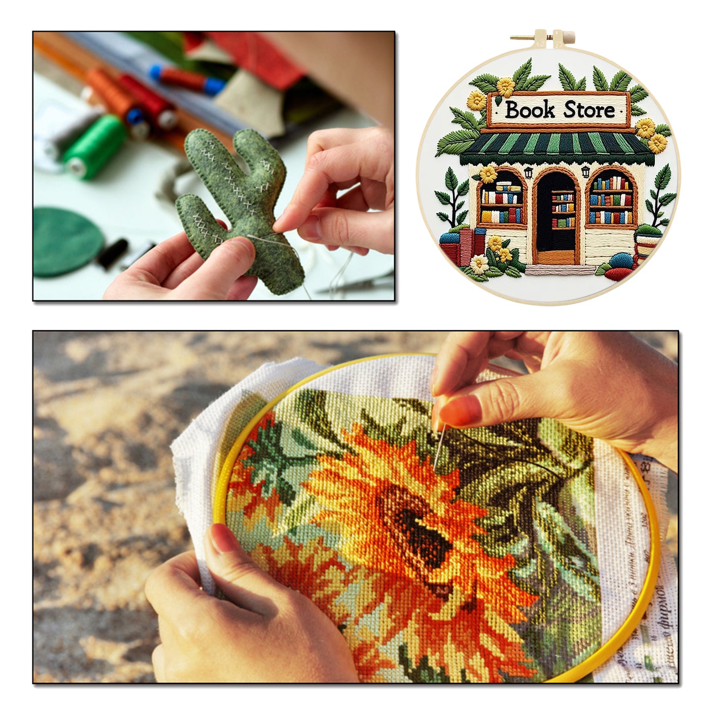 Bookstore - DIY Embroidery Cross Stitch Kit with Pattern Cotton Threads Needles Hoop 30x30CM/11.81x11.81in