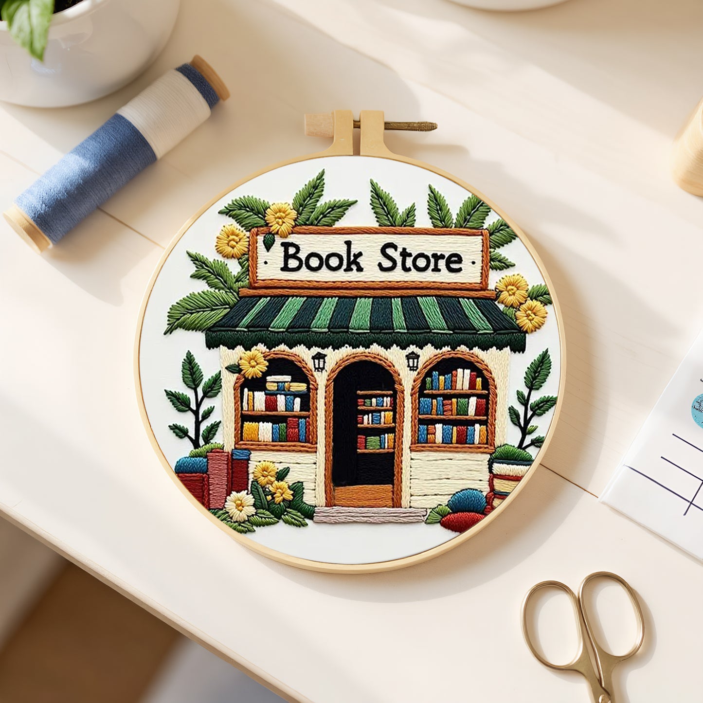 Bookstore - DIY Embroidery Cross Stitch Kit with Pattern Cotton Threads Needles Hoop 30x30CM/11.81x11.81in