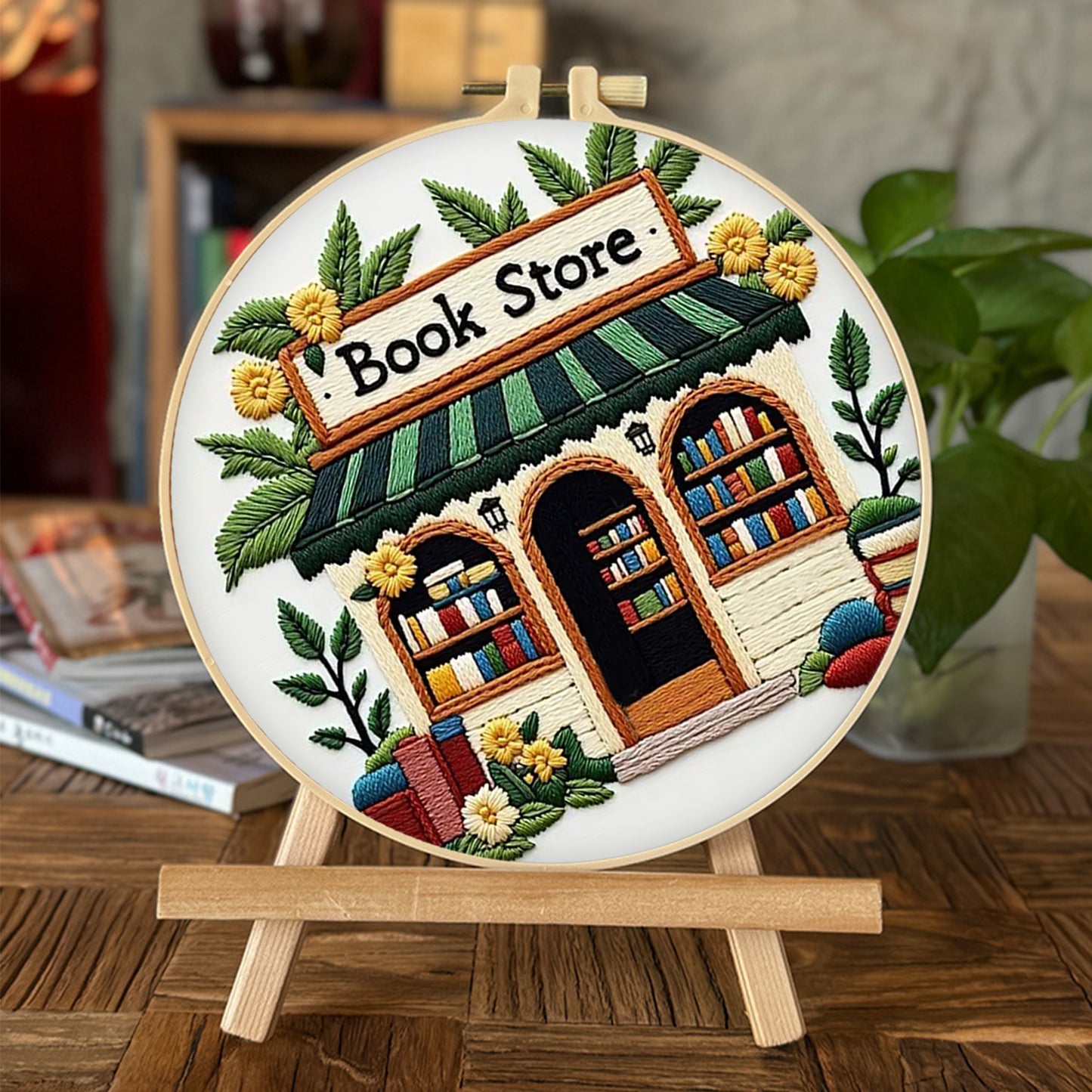 Bookstore - DIY Embroidery Cross Stitch Kit with Pattern Cotton Threads Needles Hoop 30x30CM/11.81x11.81in