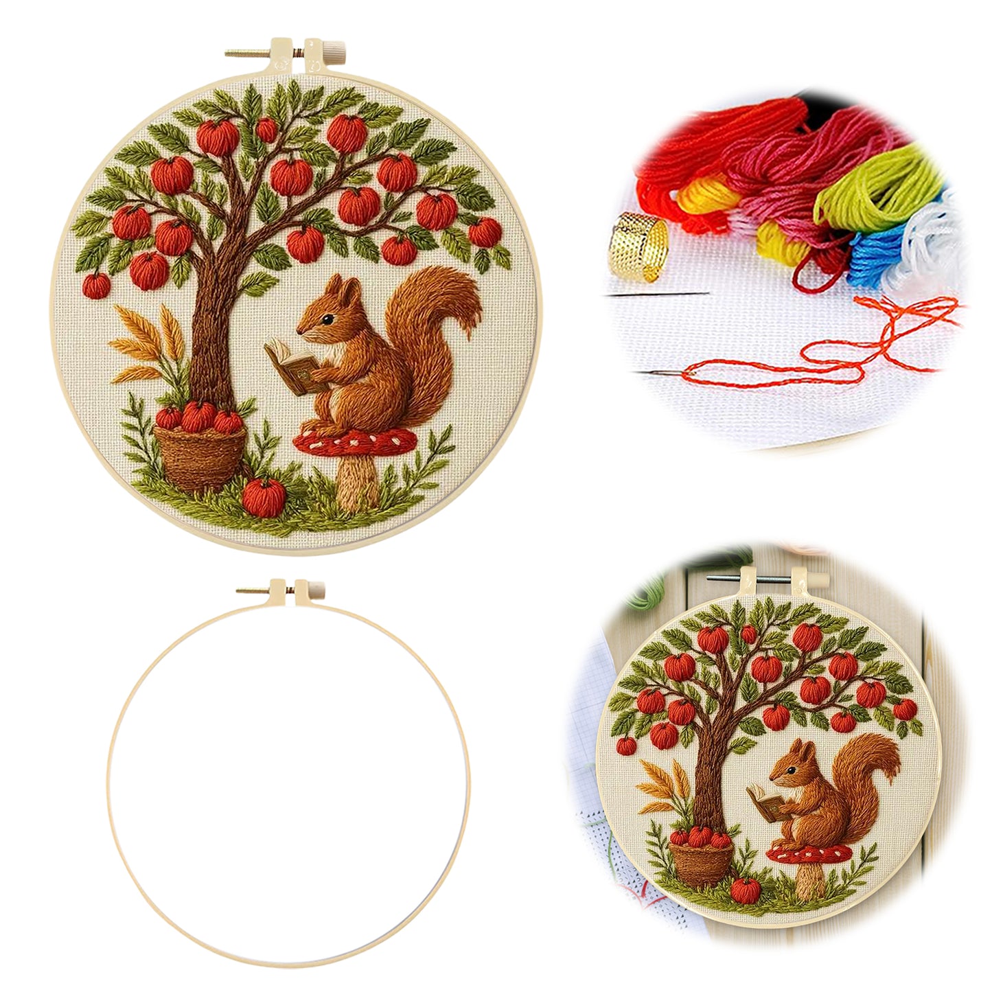 Squirrel - DIY Embroidery Cross Stitch Kit with Pattern Cotton Threads Needles Hoop 30x30CM/11.81x11.81in
