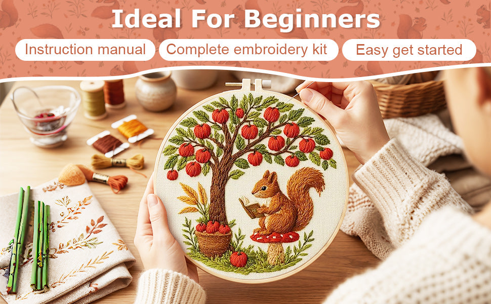 Squirrel - DIY Embroidery Cross Stitch Kit with Pattern Cotton Threads Needles Hoop 30x30CM/11.81x11.81in
