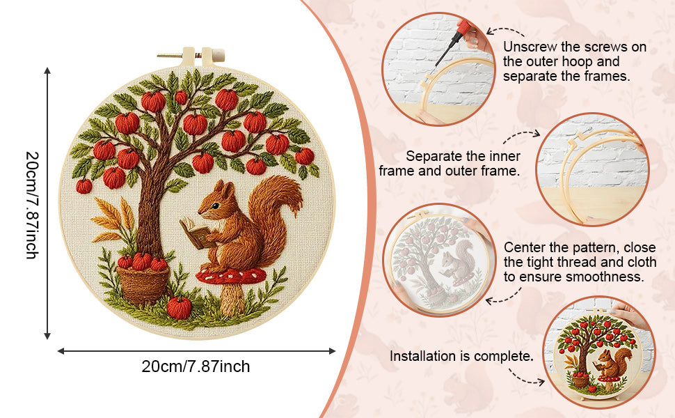 Squirrel - DIY Embroidery Cross Stitch Kit with Pattern Cotton Threads Needles Hoop 30x30CM/11.81x11.81in